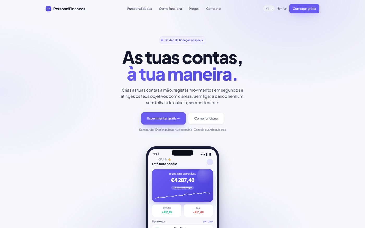 Página inicial do Personal Finances com a aplicação num telemóvel